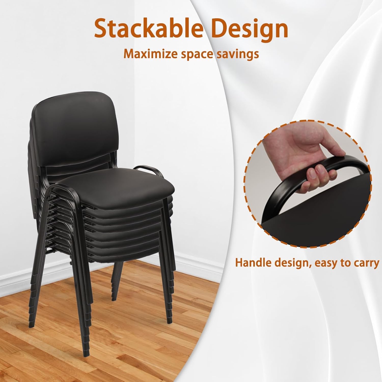 CLATINA Stackable Armless Guest Chairs, PU Leather Thick Cushion Waiting Room Chairs, Heavy Duty Metal Frame No Wheels Stackable Office Reception Chair for Lobby Conference Room School Black，10 Pack