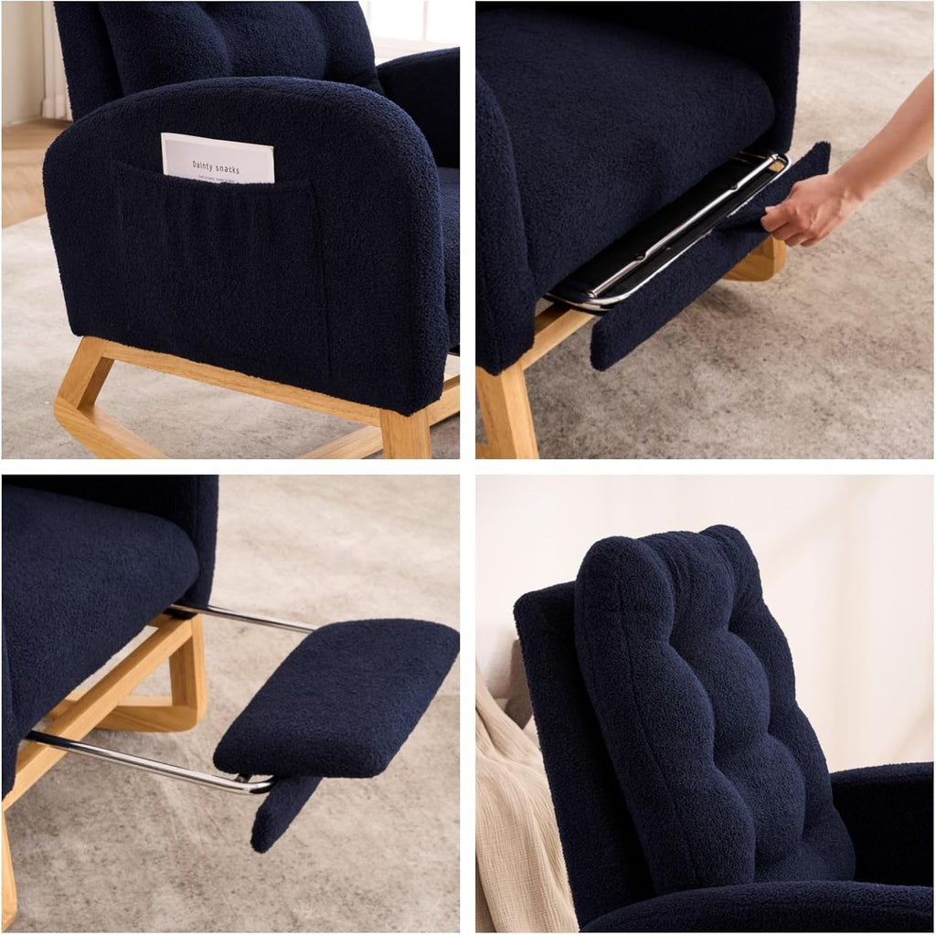 Nursery Rocking Chair with Retractable Footrest,Accent Rocker for Relaxing, Side Pocket,A+ Grade Rubber Wood,Suitable for Living Room,Bedroom and Balcony (Teddy Fleece, Navy Blue)