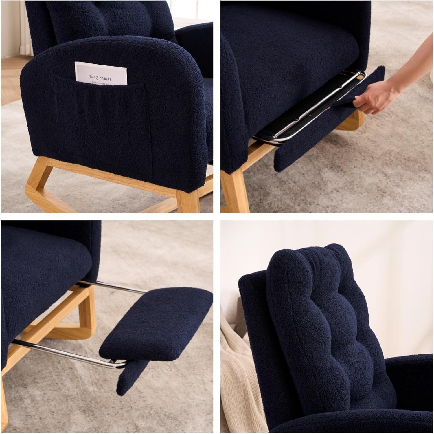 Nursery Rocking Chair with Retractable Footrest,Accent Rocker for Relaxing, Side Pocket,A+ Grade Rubber Wood,Suitable for Living Room,Bedroom and Balcony (Teddy Fleece, Navy Blue)
