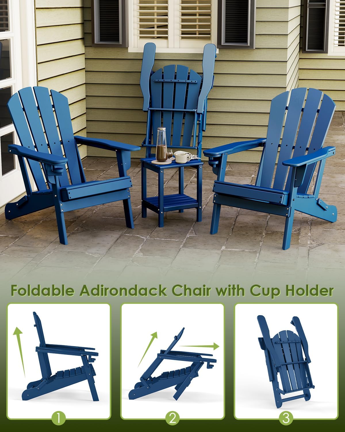 GREENVINES Folding-Adirondack-Chairs-Set-of-2 | w/Cup Holder | HDPE Plastic | All-Weather Patio Fire Pit Chairs | for Outdoor Poolside Deck | Blue