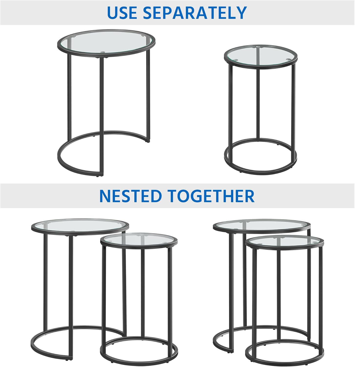 Yaheetech Round Nesting End Table Set of 2,Stacking Side Tables,Coffee Tables Set w/Metal Frame & Glass Top & Protective Foot Pads for Small Space, Living Room, Office- Black