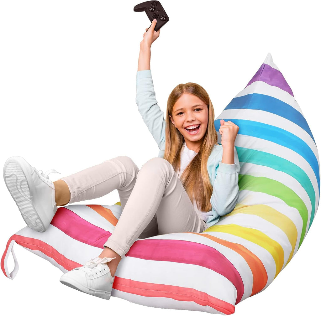 Sotiff Stuffed Animal Storage Bean Bag Chair Cover for Kids Extra Large Stuffed Canvas Bean Bag Cover for Organizing Children Plush Toys Holder Kids' Room, No Filling, 50 x 35 x 35 Inch(Rainbow Style)
