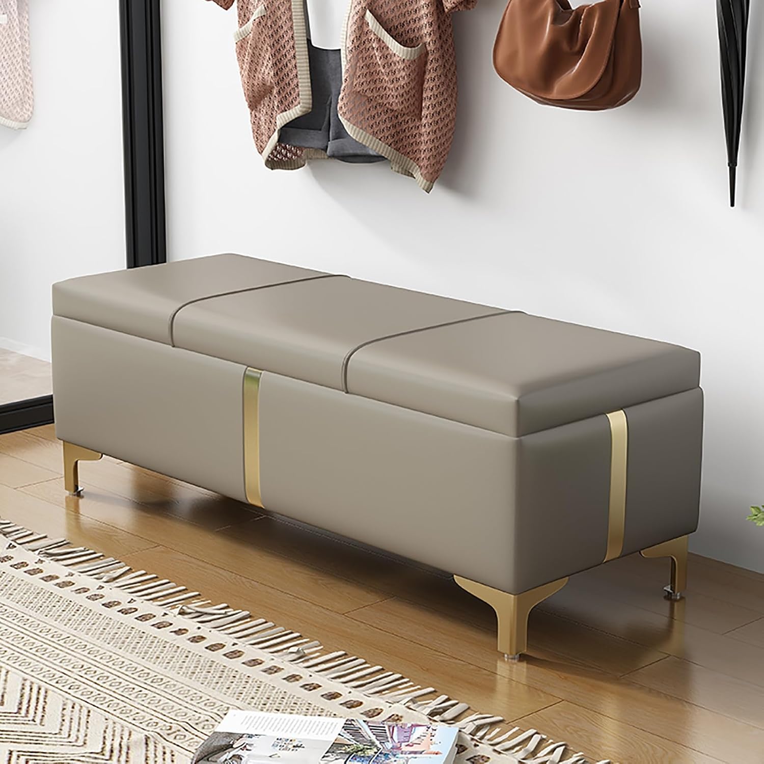 Entrance shoe-changing stool with storage space, living room storage stool with gold cabinet legs, footstool for bedroom bed end, with solid wood frame, suitable for corridor, bedroom, etc. ( Color :