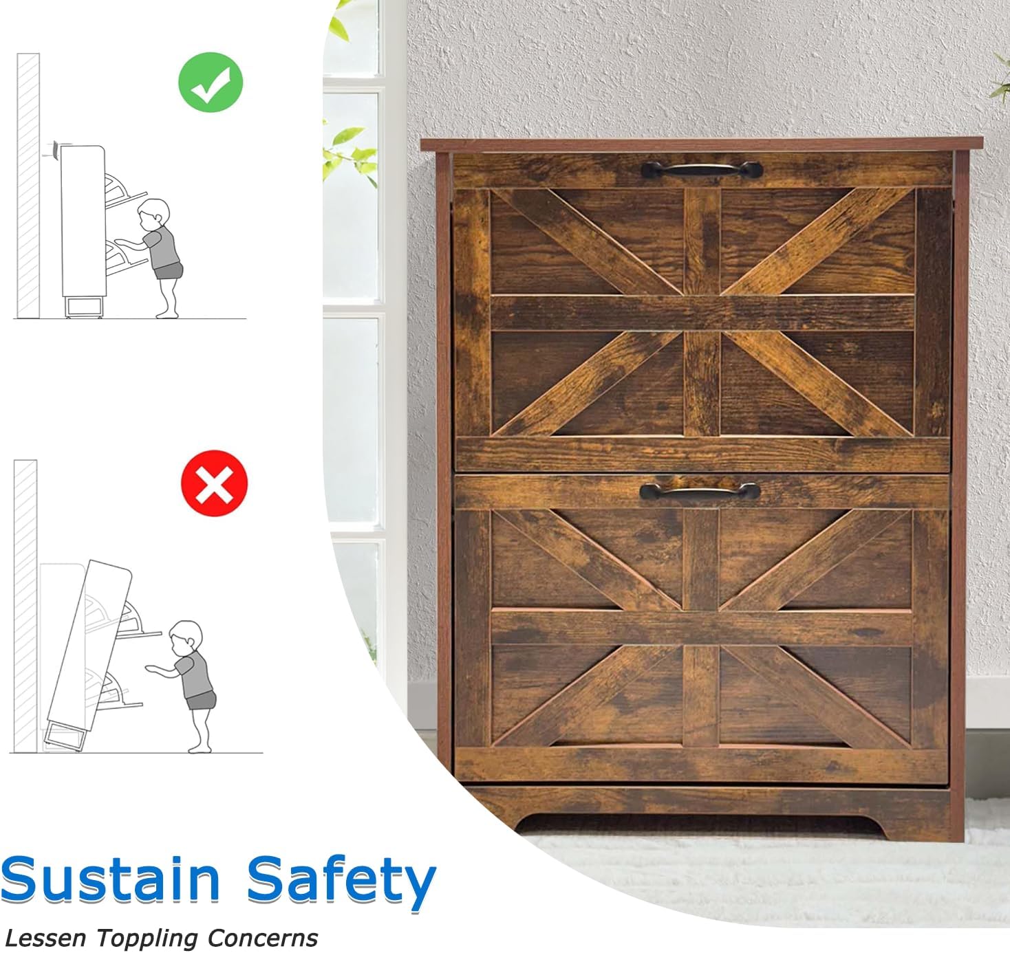 Shoe Cabinet with 2 Flip-Up Drawers, Adjustable Wooden Shoe Organizer with Shelf, Hidden Storage Cabinet for Entryway, Hallway, Living Room, Brown