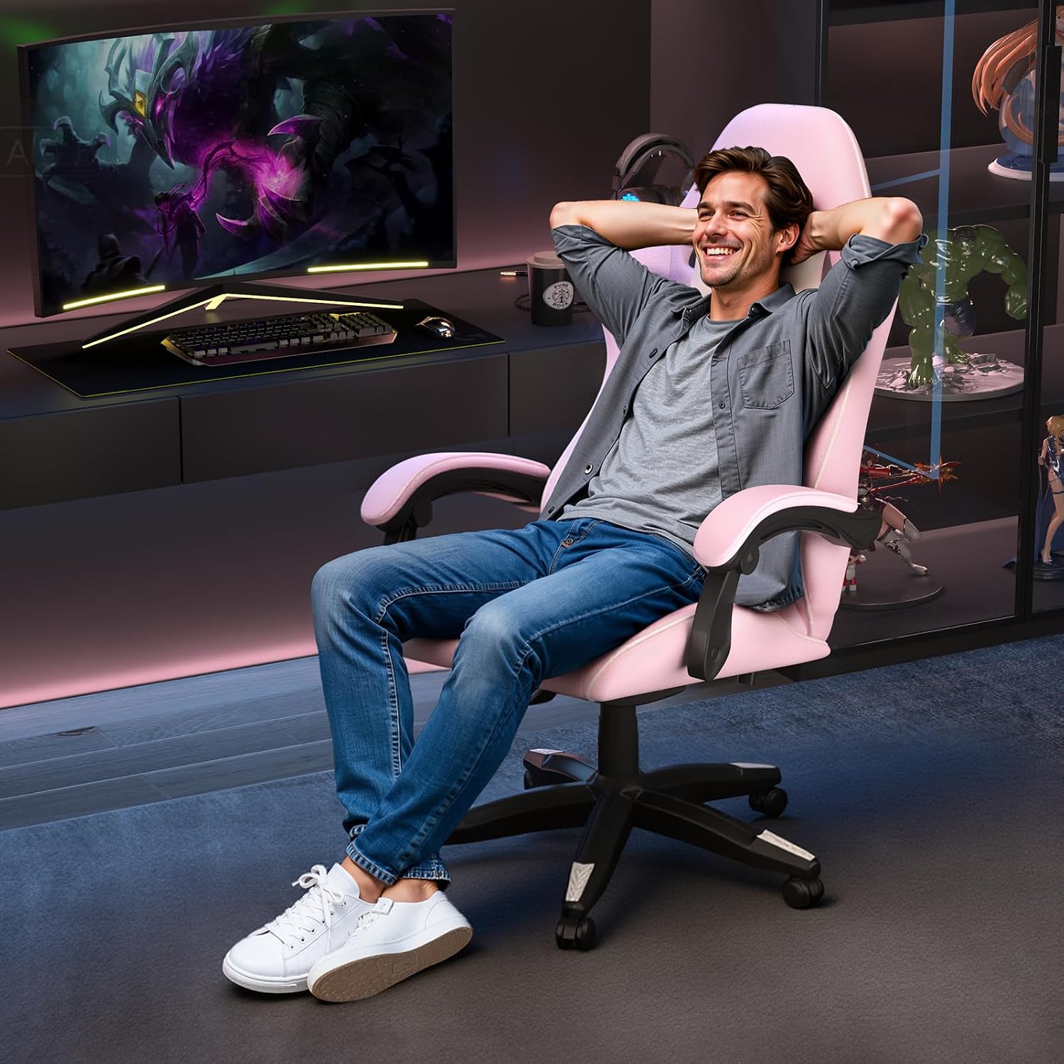 Bigzzia Gaming Chair, Ergonomic Video Game Chairs with Pillow and Lumbar Support, Racing Style Height Adjustable Computer Chair with 360°-Swivel Seat for Adults and Teens (Pink)