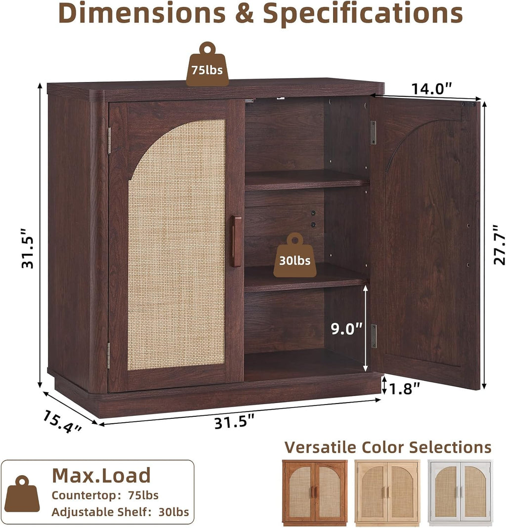 LEYAOYAO Rattan Sideboard Buffet Cabinet with Storage, 31.5" Coffee Bar Cabinet with Arch Doors & Adjustable Shelves, Wood Credenza, Boho Accent Cabinet for Kitchen, Living Room, Walnut