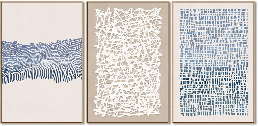 SAFERRYHOME Mid Century Neutral Blue Contrast Boho Wall Art - Modern Framed Canvas Prints Large Abstract Zen Lines Geometric Pattern Decor for Living Room, Home Office, Dining Room - 3 Pieces 24x36 Inch