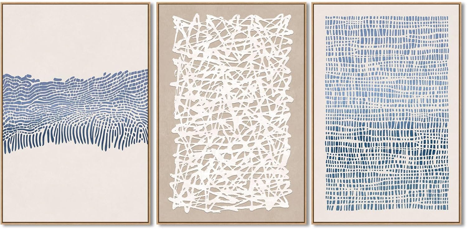 SAFERRYHOME Mid Century Neutral Blue Contrast Boho Wall Art - Modern Framed Canvas Prints Large Abstract Zen Lines Geometric Pattern Decor for Living Room, Home Office, Dining Room - 3 Pieces 24x36 Inch