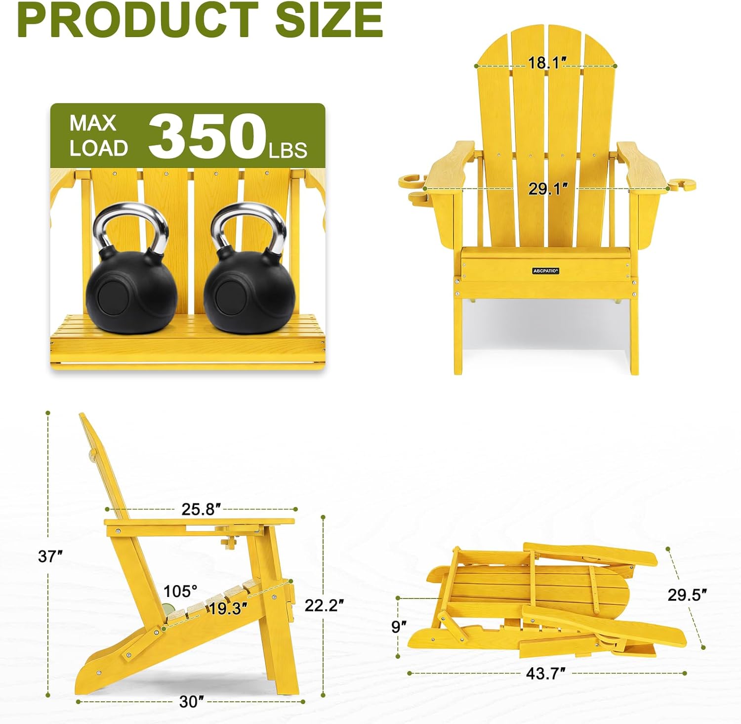 Folding Adirondack Chair with Dual Cup Holders, All-Weather HDPE Patio Chair Deck Chairs Outdoor, Fire Pit Chairs for Garden, Lawn,Backyard, Pool, Yellow (Wood Grain Finish)