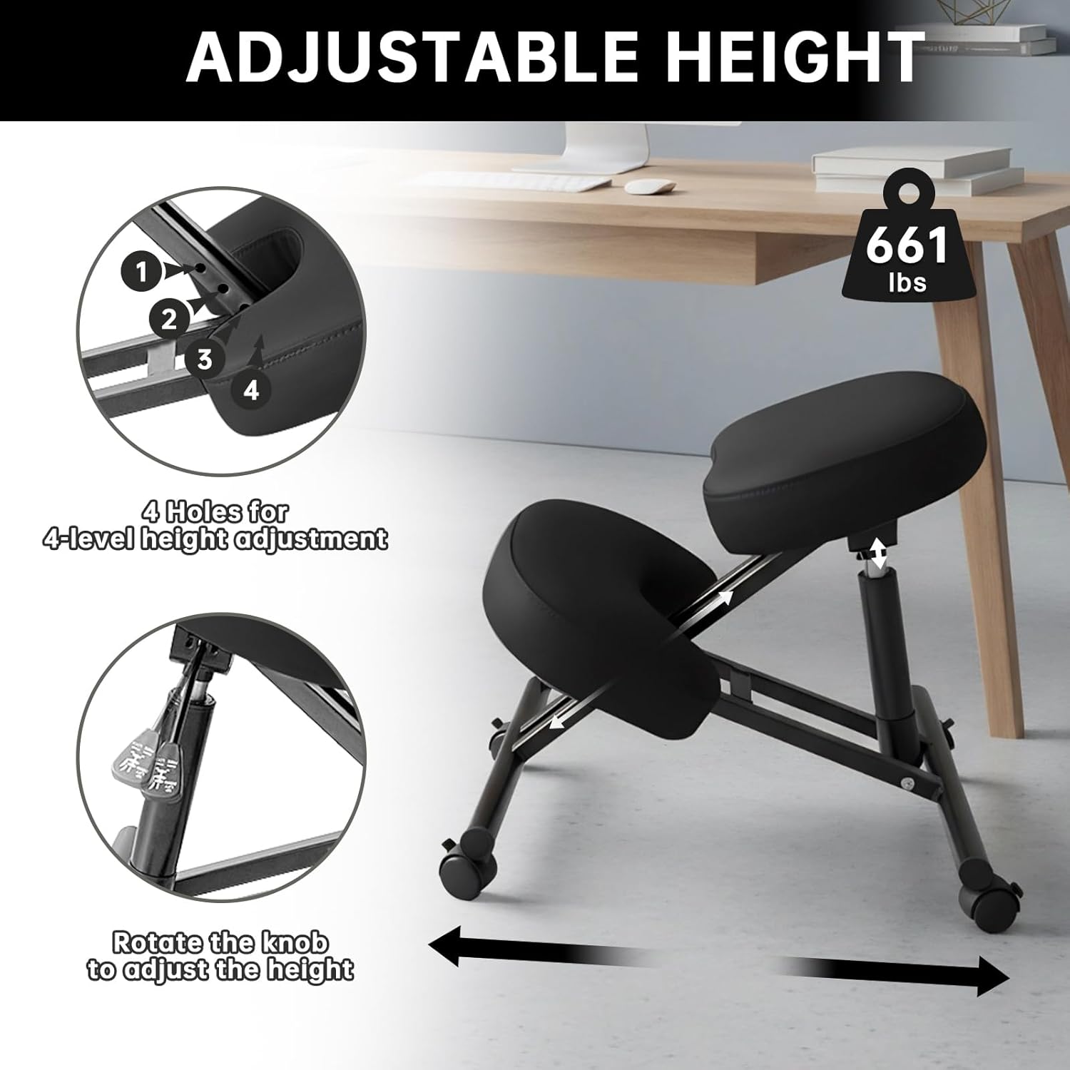 PU Leather Ergonomic Kneeling Chair, Adjustable Home and Office Stool with Thick Pads and Flexible Lockable Brake Wheels for Back Pain Relief (Black)