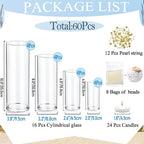 UDU 16 Set Glass Cylinder Vases for Centerpieces with 80000 Clear Beads 24 White Floating Candles 12 Pearl String Center Pieces Decoration for Table Table Wedding Party Home