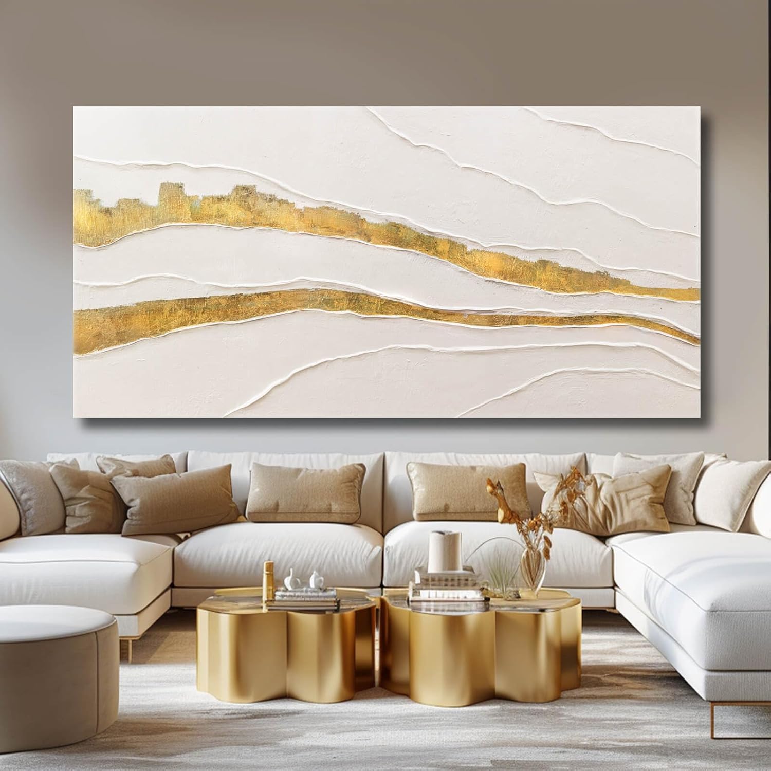 VAYIMDH Canvas Abstract Art White Large Wall Decorations for Living Room Gold Foil Abstract Wall Hanging Oil Painting for Office 29"x 58" Home Decor