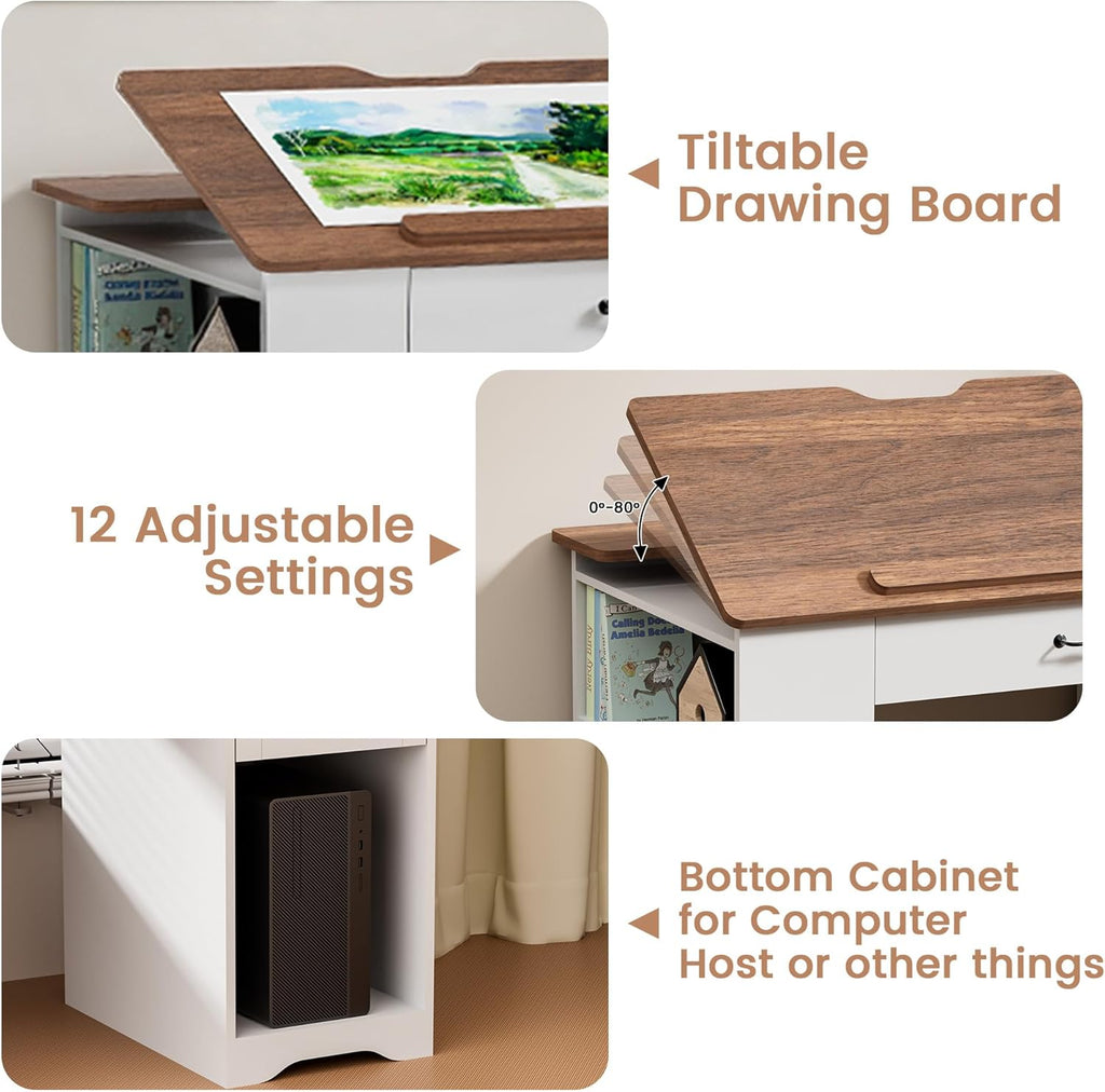Drafting Table with Storage Cabinet & Drawers, Adjustable Drawing Table with Open Shelves, Craft Art Desk for Artists, Painters, Drawing, Crafting, Reading, Writing, Working