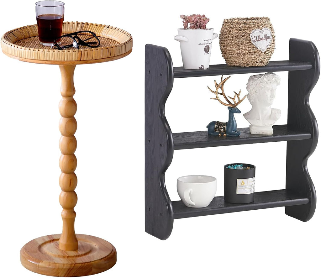 Drink Table,Solid Wood Floating Shelf, Vintage Wall Shelves Wall Mounted Storage Rack 3-Tier,Rattan Round Small Side Table for Small Spaces