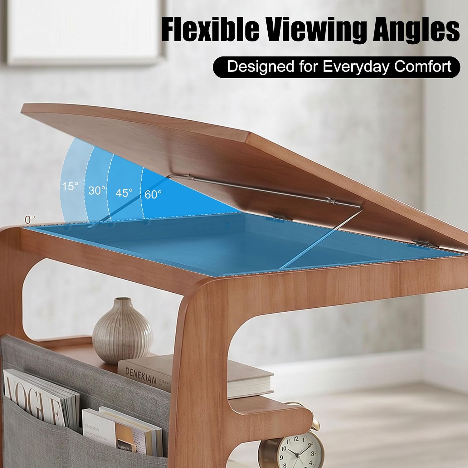 100% Solid Wood C Shaped End Table with Swivel Wheels, Lift Top Couch Table with Storage, Rolling Table that Slide Under Sofa & Bed, 15.75" D x 23.62" W x 24.8" H