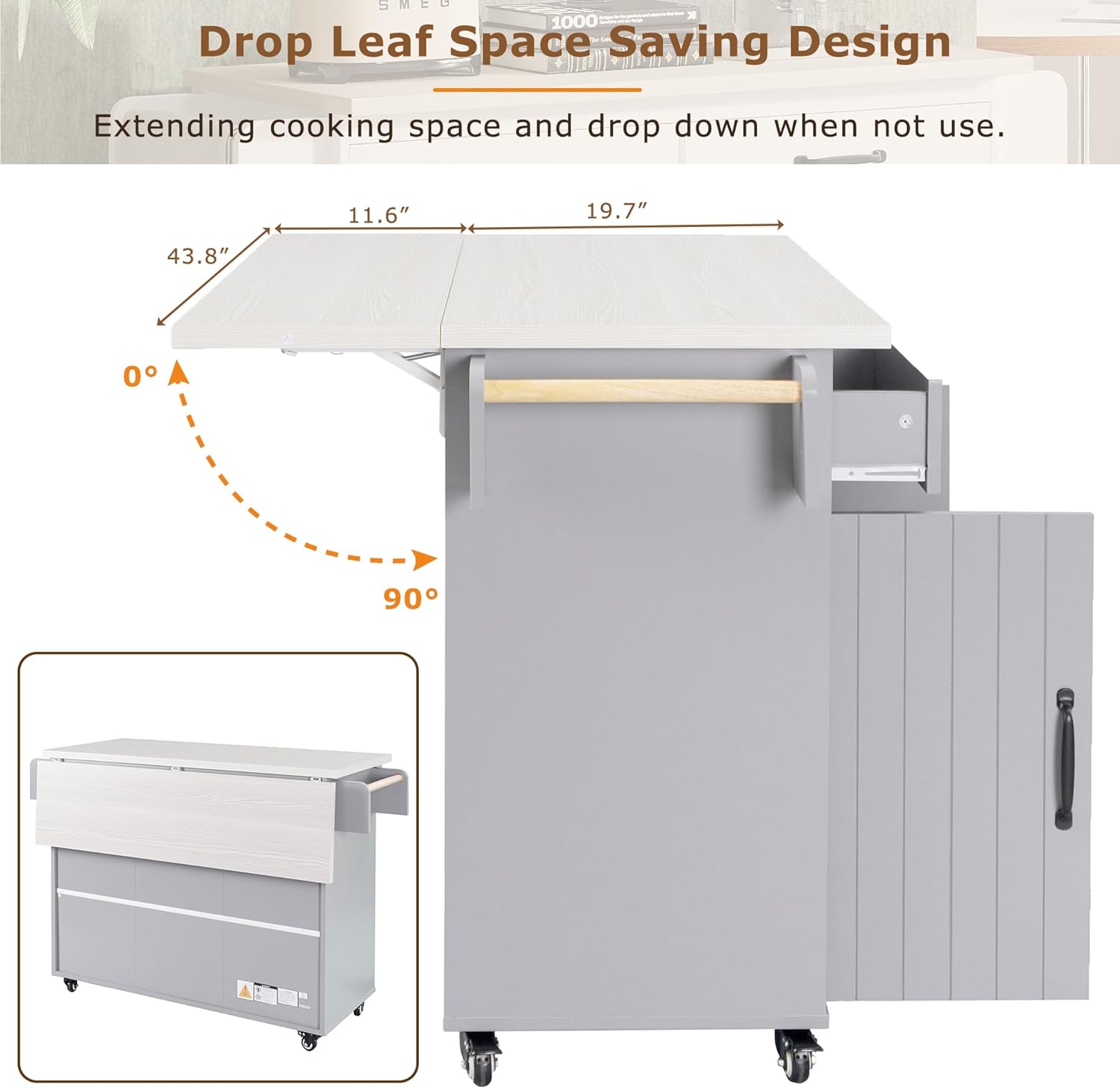 Ball & Cast Kitchen Island with Trash Can Storage Cabinet,Kitchen Cart W/Drop Leaf,Spice Rack,Towel Rack and Drawers,Rolling Kitchen Islands on Wheels W/Adjustable Shelf for Dining Room,Grey