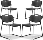 Stacking Chairs Set of 4, Plastic Waiting Room Chair with Sled Base, Stackable Office Guest Reception Chairs No Wheels for Break Rooms and Conference Rooms Black