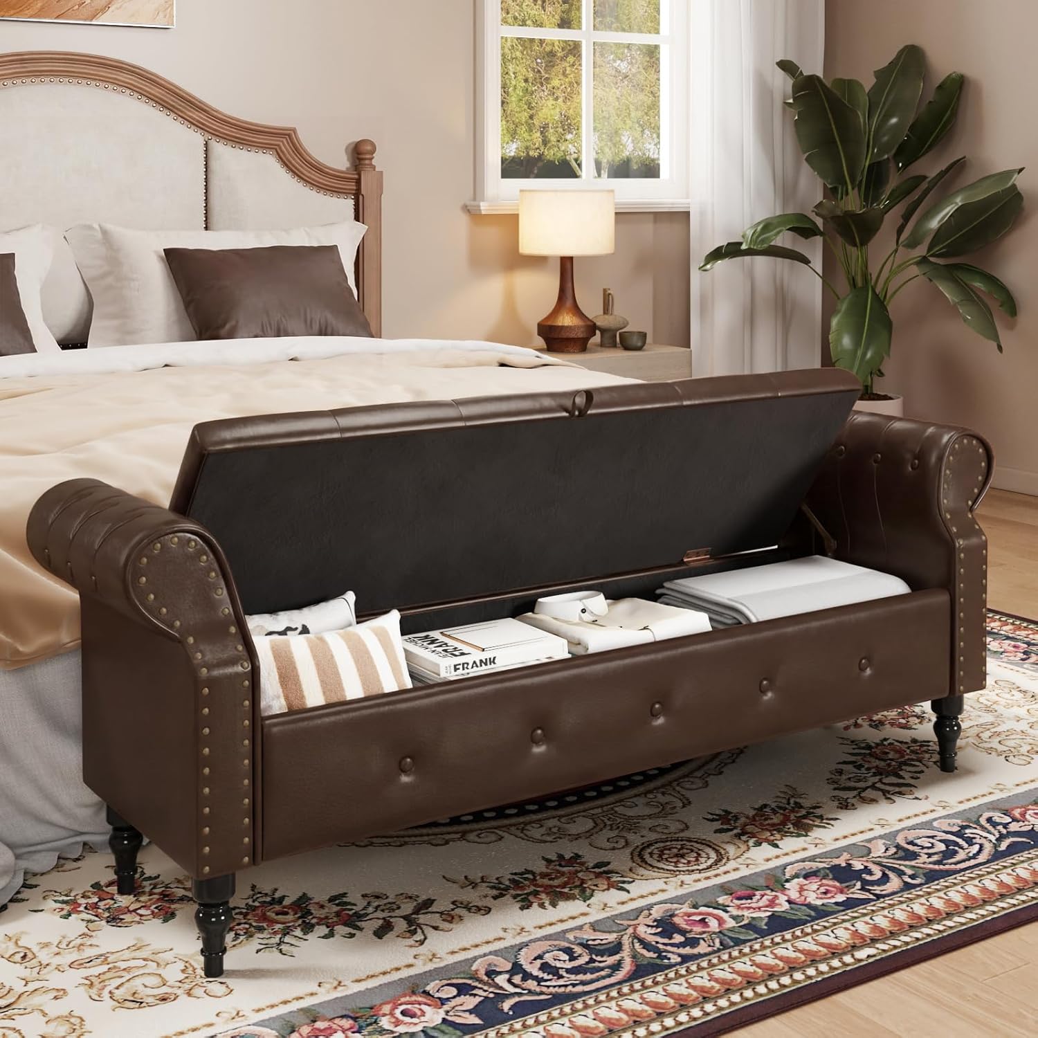 FiveWillowise 65" End of Bed Storage Bedroom Bench with Storage,Faux Leather Storage Ottoman Bench with Rolled Arms and Nailhead Trim for King Size End of Bed,Entryway,Living Room,Chocolate