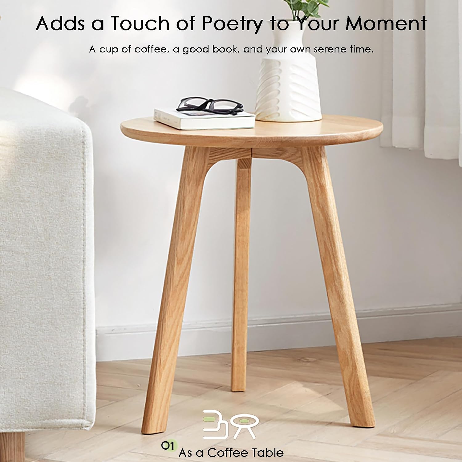 100% Solid Oak Wood Side Table, Multifunctional Nightstand, Round Stool, Accent Table for Living Room, Bedroom, Balcony | Easy to Assemble, Stable Frame for Small Spaces (Natural, 2 Sets)