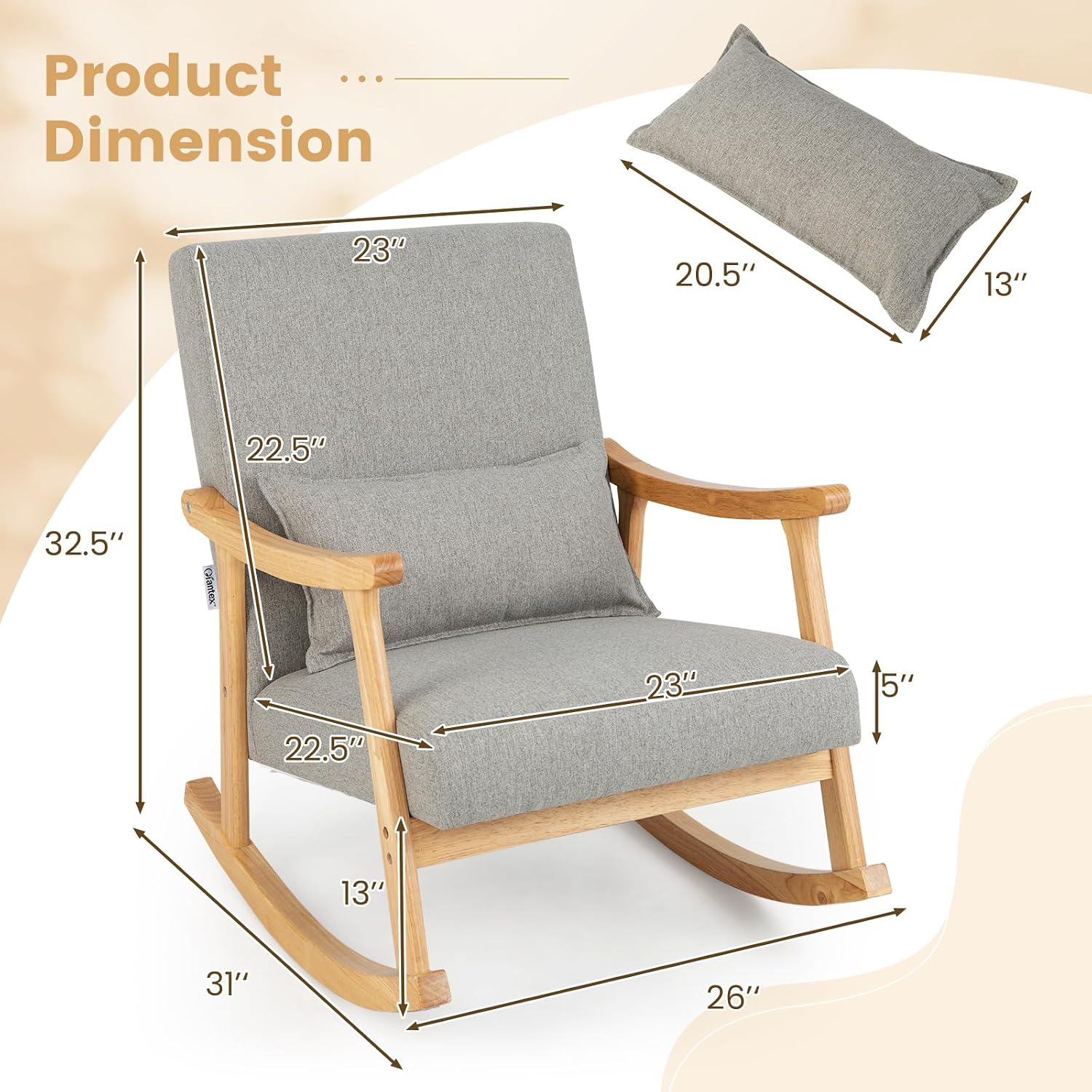 GOFLAME Nursery Rocking Chair Set of 2, Upholstered Rocker Glider Chair with Lumbar Pillow, High Backrest & Padded Seat Cushion, Accent Armchair with Rubber Wood Frame for Living Room, Bedroom, Grey