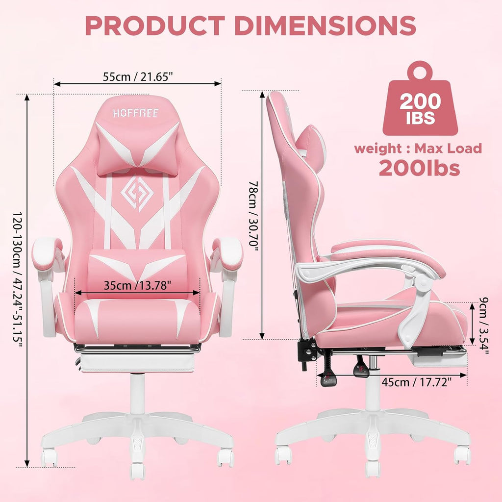 HOFFREE Pink Gaming Chair for Girls with Massage Computer Gamer Chair with Footrest and Lumbar Support Reclining PC Game Chair with Headrest for Gaming Room