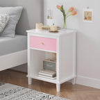 Modern Kids Nightstand Girls Bedroom Night Stand with Drawer & Open Storage Shelf, Bedroom Furniture, MDF, Aluminum Handles, Easy Setup (Pink)