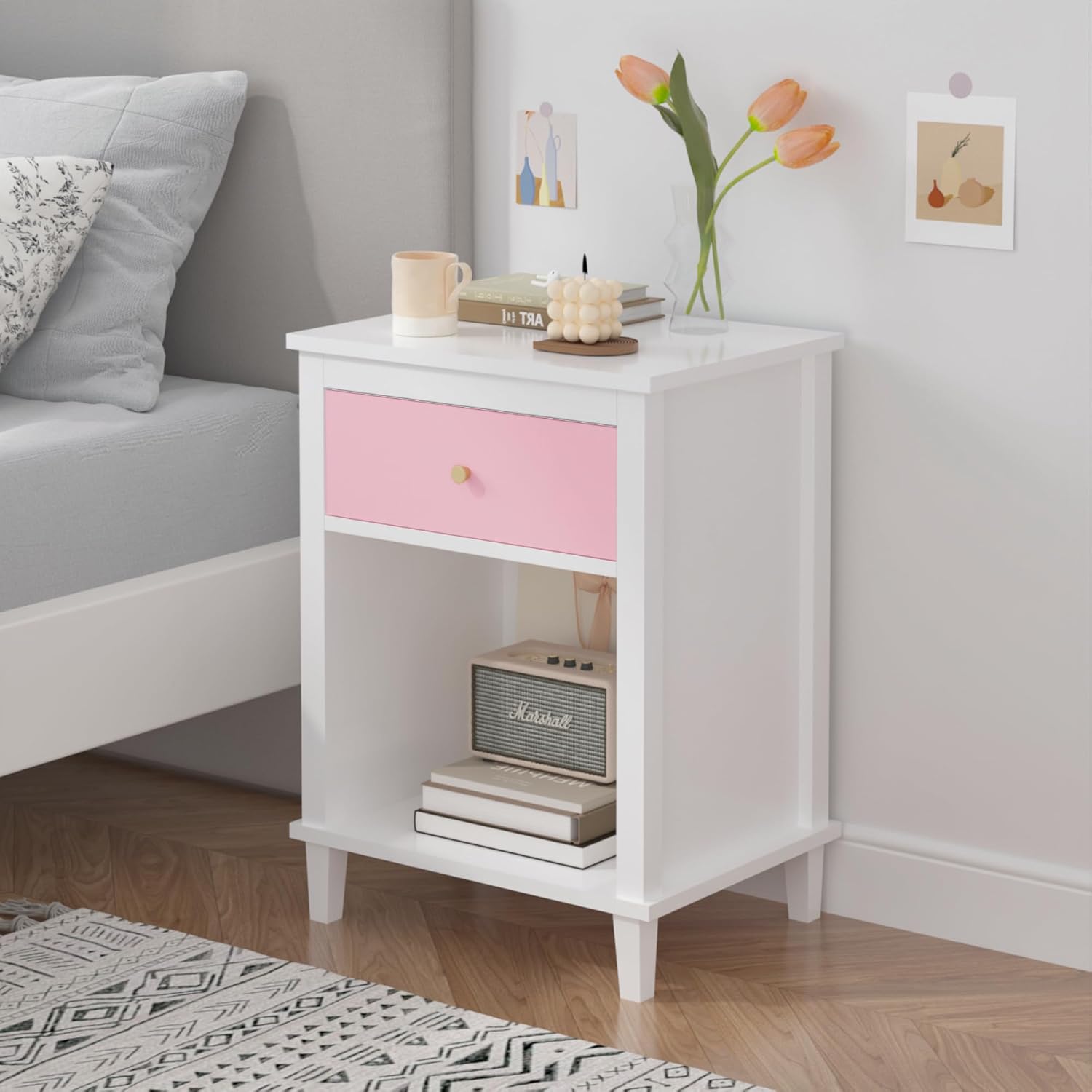 Modern Kids Nightstand Girls Bedroom Night Stand with Drawer & Open Storage Shelf, Bedroom Furniture, MDF, Aluminum Handles, Easy Setup (Pink)