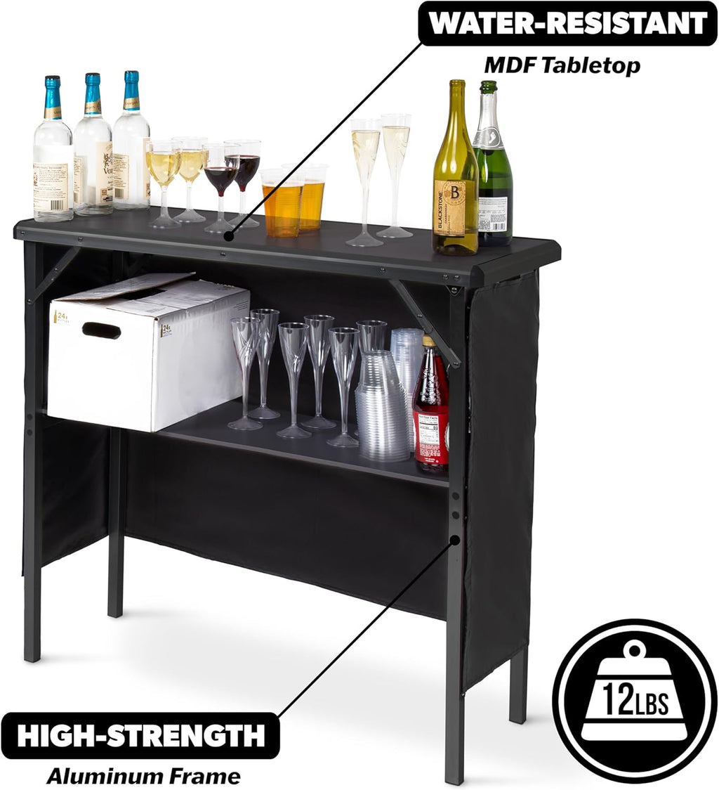 GoBar Portable Bar Table for Events - Black, 3 Skirts, or LED - Pop Up Mobile Bartending Station with Travel Carrying Case