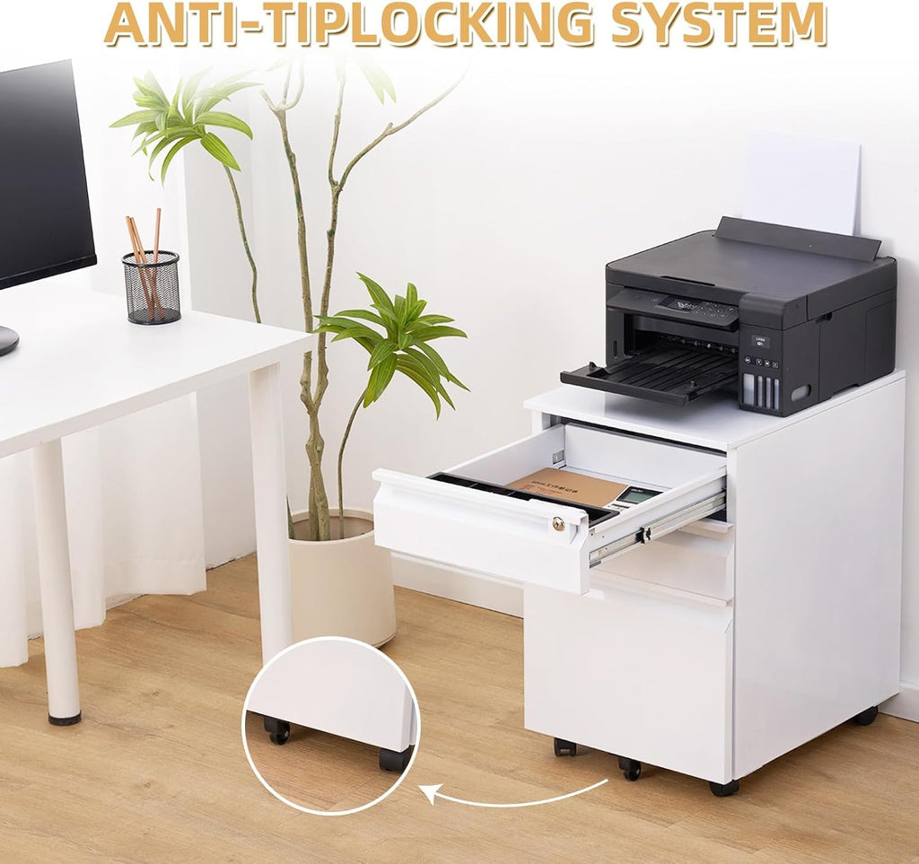 Garvee Mobile Filing Cabinet 3 Drawer,Under Desk File Cabinet with Lock & Anti-Tip Wheel, Metal Rolling Filing Cabinets for Home Office Organizer,a4/Letter/Legal Hanging File Folders