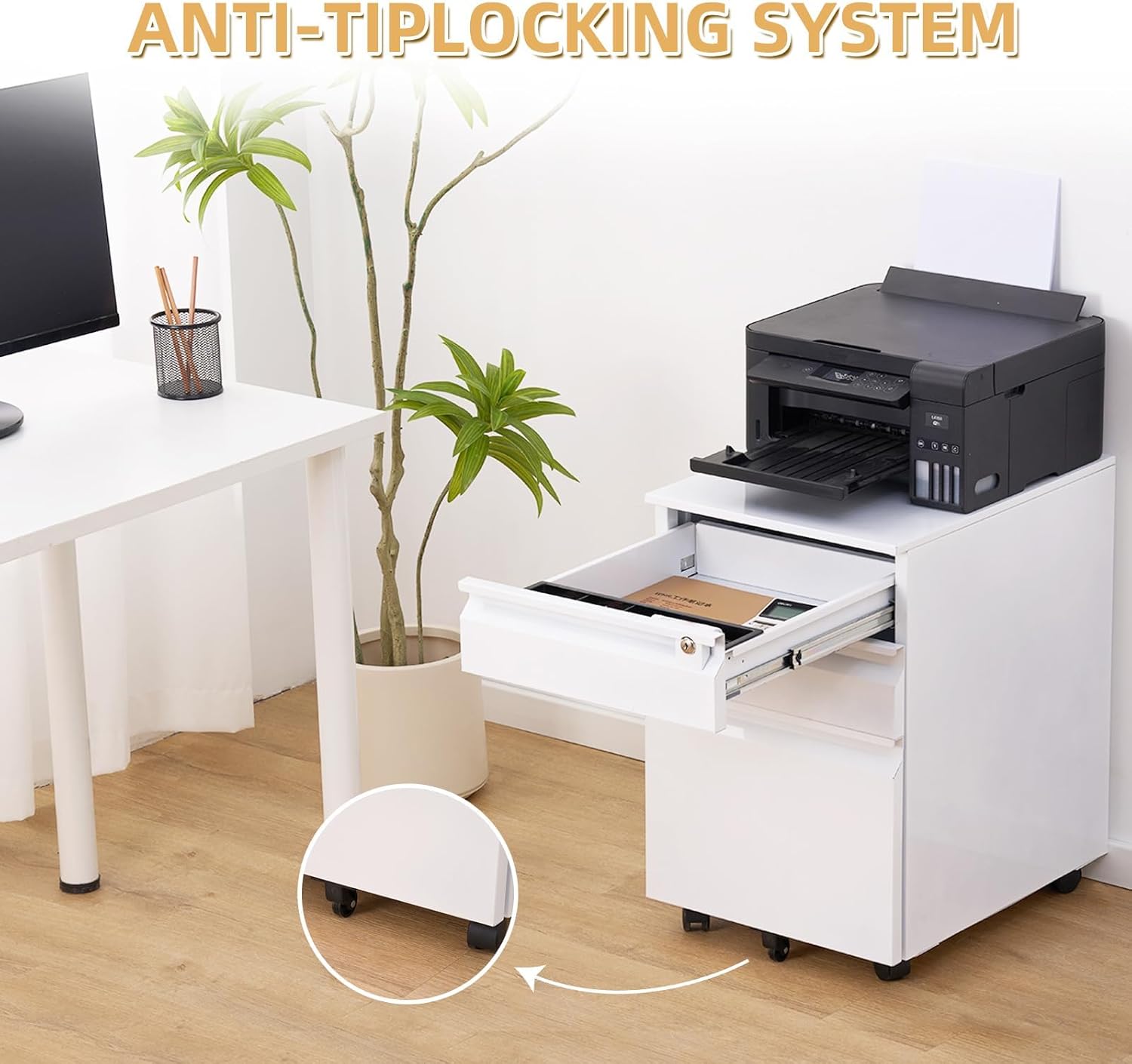 Garvee Mobile Filing Cabinet 3 Drawer,Under Desk File Cabinet with Lock & Anti-Tip Wheel, Metal Rolling Filing Cabinets for Home Office Organizer,a4/Letter/Legal Hanging File Folders