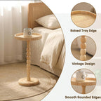 Small Drink Table, Rattan Round Side Table for Small Spaces, Boho Accent Table End Table with Solid Wood Leg for Living Room, Nightstand Table for Bedroom, Corners