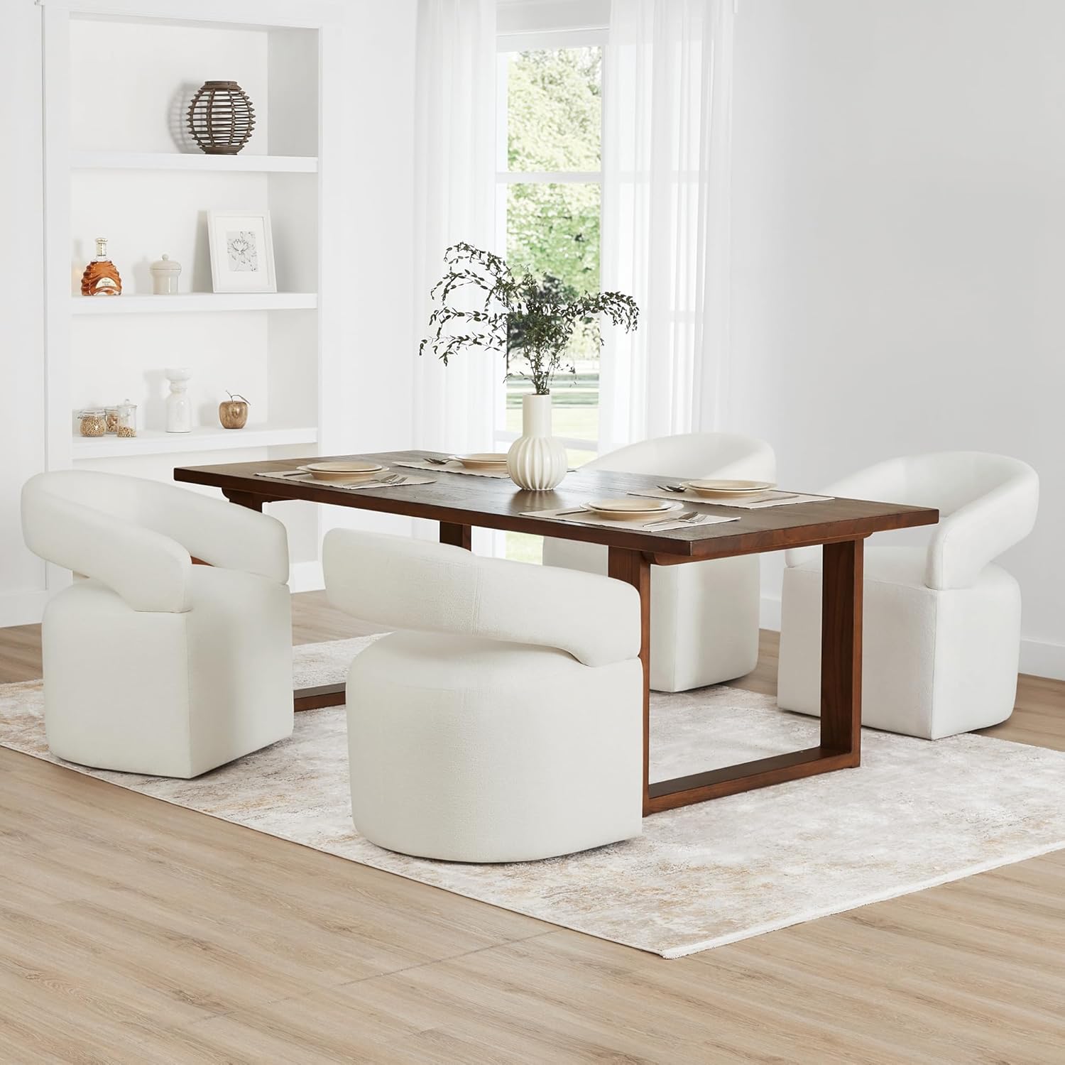 KISLOT Upholstered Dining Chairs Set of 1, Modern Rolling Dining Chairs with Hidden Casters, Arm Kitchen Chairs with Linen Look Fabric, Padded Barrel Chairs for Dining Room, Kitchen, Bedroom, Ivory