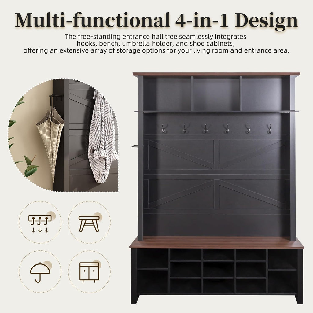 Merax Wood Rustic Hall Tree Entryway Bench with 6 Hooks and Adjustable Shelves, Farmhouse Mudroom Versatile Coat Racks with 16 Open Compartments, Entrance Organizer for Hallway Black