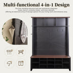 Merax Wood Rustic Hall Tree Entryway Bench with 6 Hooks and Adjustable Shelves, Farmhouse Mudroom Versatile Coat Racks with 16 Open Compartments, Entrance Organizer for Hallway Black