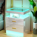 HNEBC Night Stand Set 2 with Wireless Charging Station& Remote Lights,White | LED Nightstand with Tempered Glass Top, RGB Dynamic motion sensor Lighting, Higt-Gloss, 2 Drawers for Bedroom,Living Room
