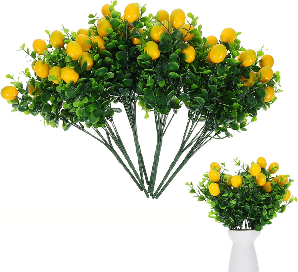 Cabilock 8pack Fake Lemon Branches Artificial Yellow Faux Lemons Decorations Eucalyptus Leaf Stems Tables Centerpiece for Kitchen Stem Fruits for Home Spring Summer Party Decor