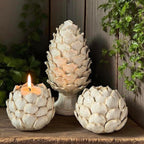 White Ceramic Artichoke Decorative Set, 3-Piece, Statue Ornament, Candle Holder, Vase for Home Decor