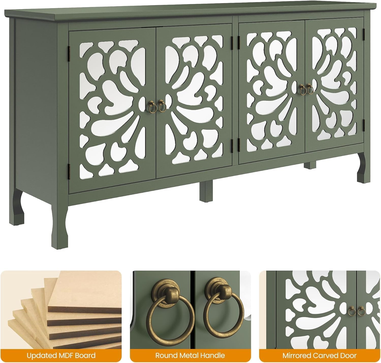 RoyalCraft 63'' Buffet Cabinet with Mirror Butterfly Carved Door, Sideboard Cabinet with Adjustable Shelves, Vintage Accent Credenza Media Console for Entryway, Kitchen, Forest Green