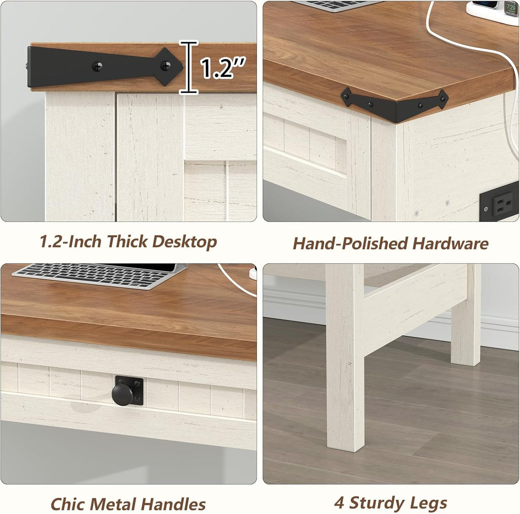 YOMILUVE Farmhouse Computer Desk with 2 Drawers, 39 Inch Small Office Computer Desk with Power Outlets, Compact Writing Study Desk for Small Spaces, Antique White