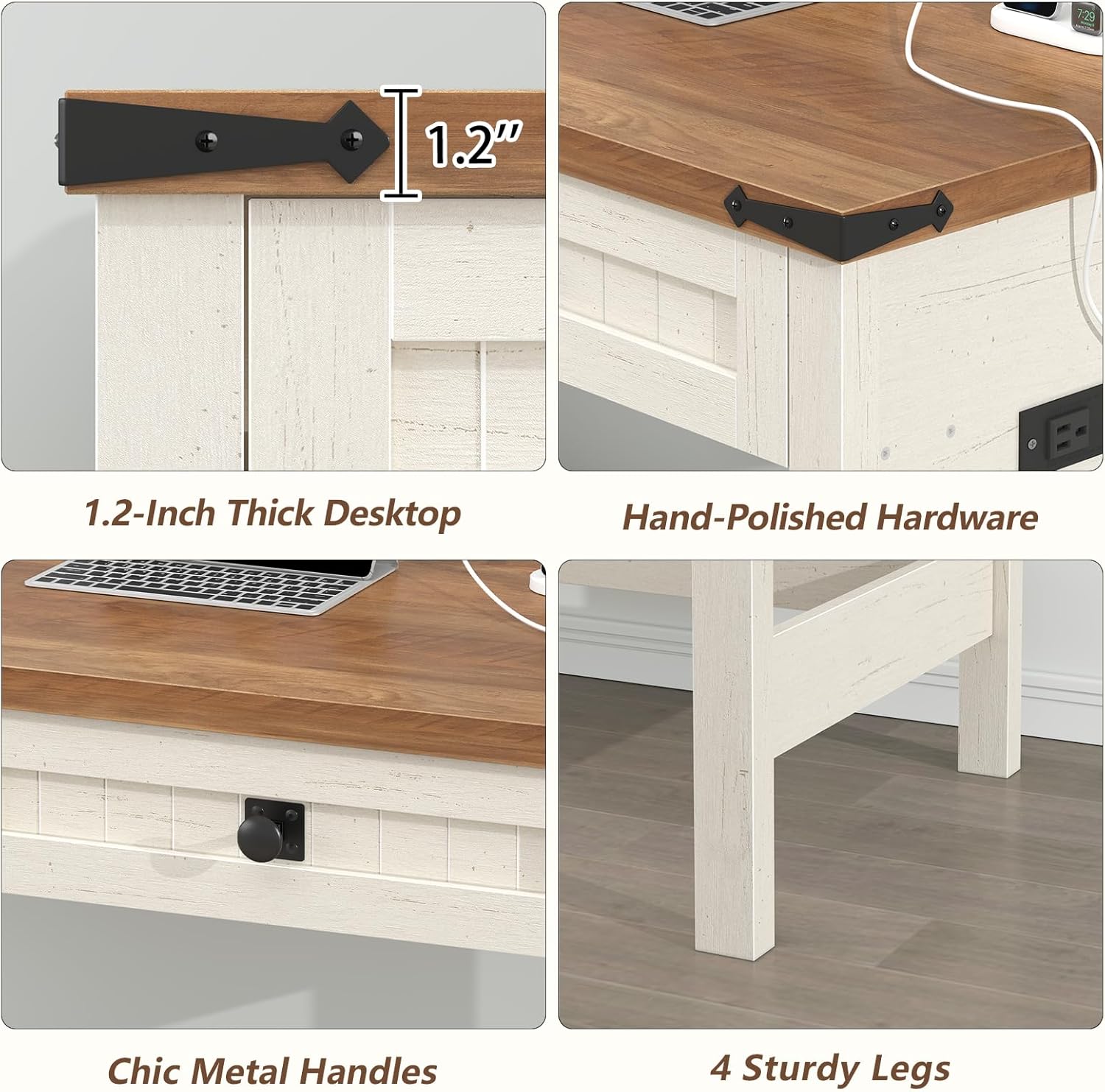 YOMILUVE Farmhouse Computer Desk with 2 Drawers, 39 Inch Small Office Computer Desk with Power Outlets, Compact Writing Study Desk for Small Spaces, Antique White