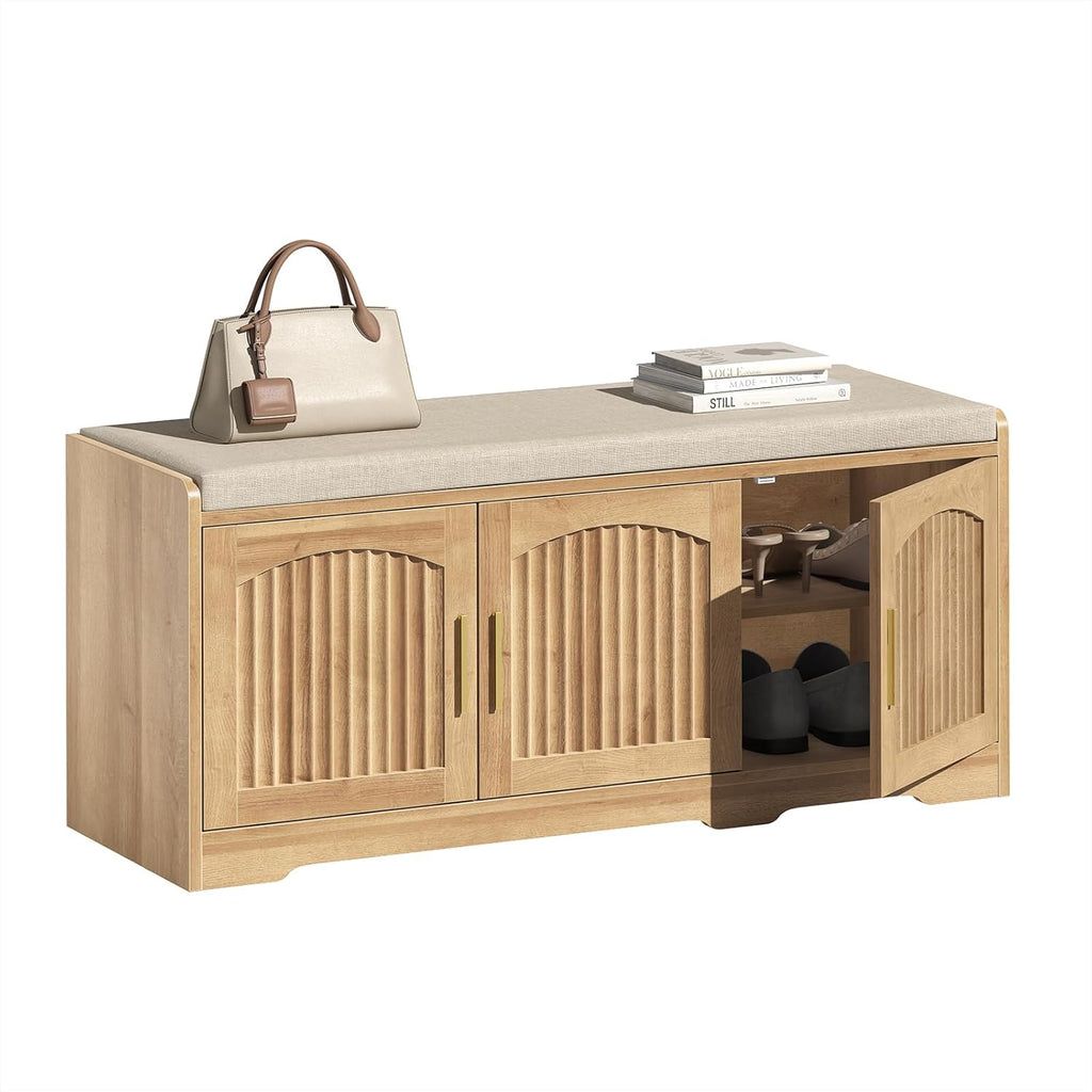 39.4" Shoe Storage Bench with Seating Cushion, Fluted 2-Tier Entryway Bench with 3 Doors & Adjustable Shelves, Shoe Cabinet Bench for Entryway, Hallway, Bedroom and Living Room (Natural)