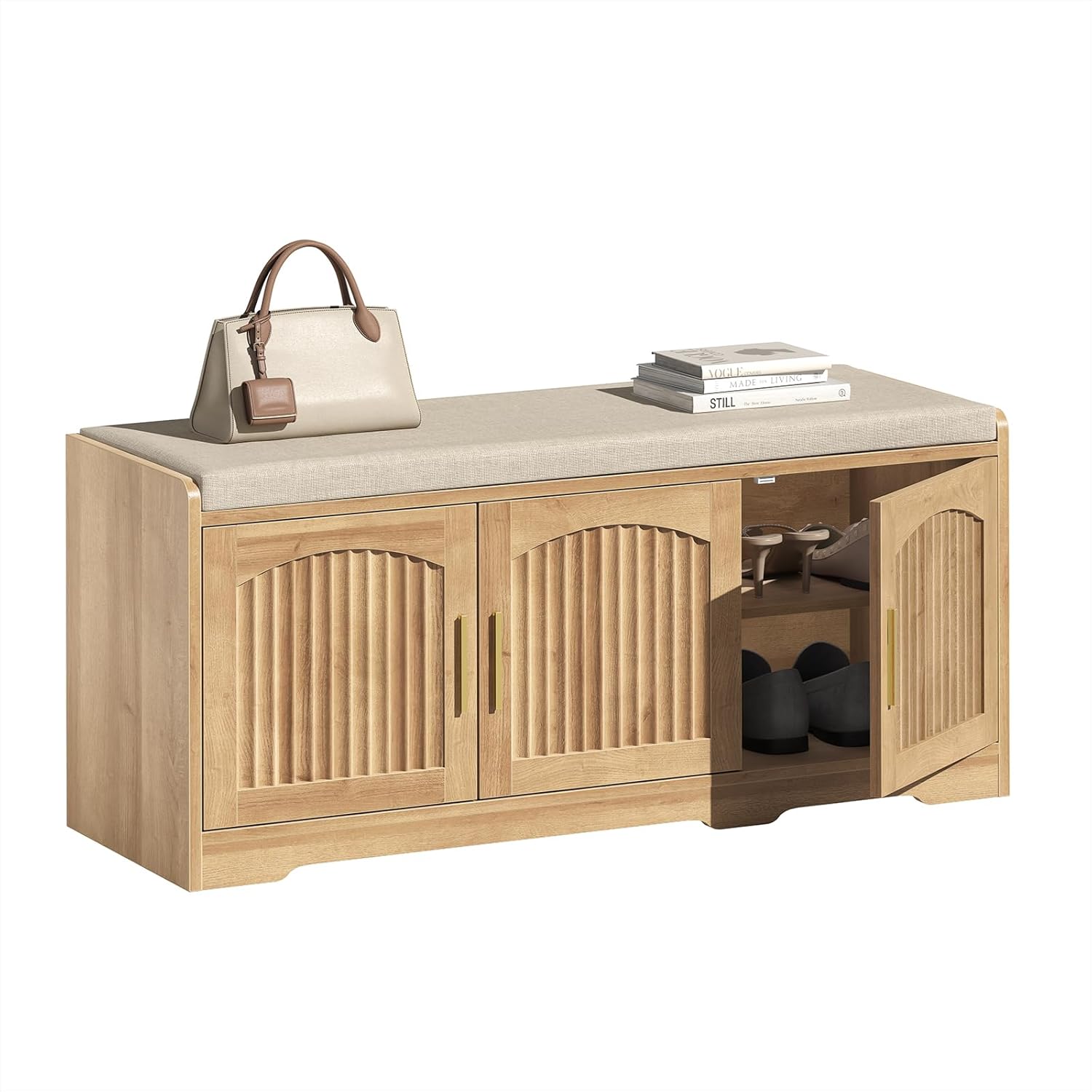 39.4" Shoe Storage Bench with Seating Cushion, Fluted 2-Tier Entryway Bench with 3 Doors & Adjustable Shelves, Shoe Cabinet Bench for Entryway, Hallway, Bedroom and Living Room (Natural)