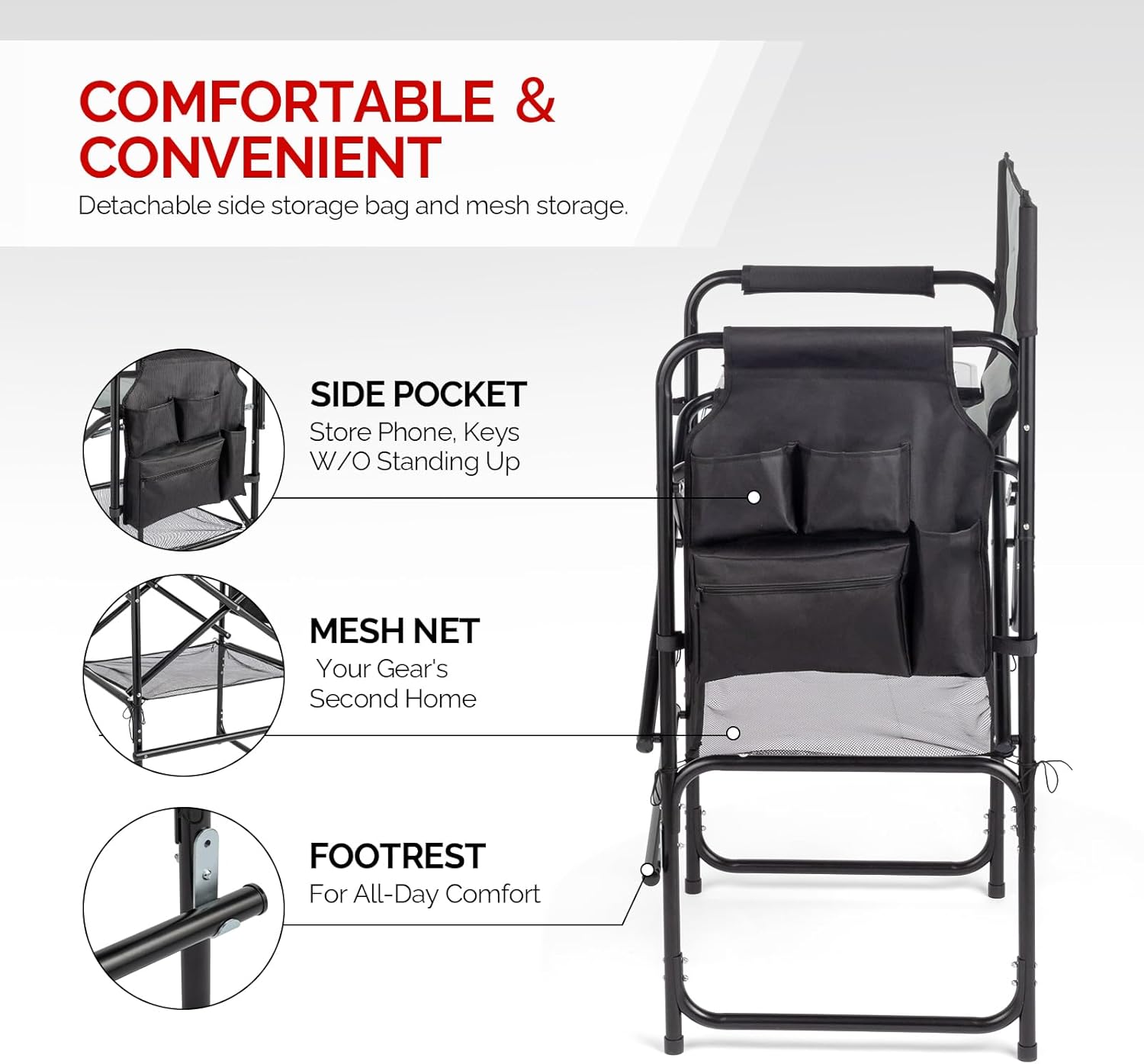 OmySalon Extra Tall 30'' Bar Height Directors Chair, Professional Portable Makeup Artist Folding Chair w/Side Table, Cup Holder, Side Storage Bag, Heavy Duty Iron Frame 300 lbs Capacity