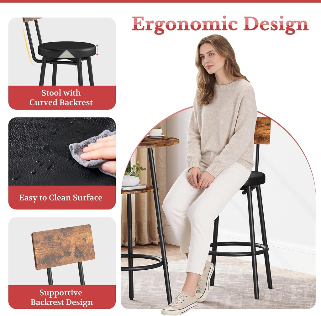 Kiivakii 3 Pieces Round Bar Table and Chairs Set, Breakfast Table, Kitchen Bar Table Set with 2 Ergonomic Cushion Bar Stools & Backrest, Hidden Storage Rack for Dining Room, Pub & Small Space, Brown