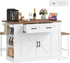Keyluv Kitchen Storage Island with 2 Stools, 51.2” Mobile Kitchen Cart with Drop Leaf & Power Outlet, Rolling Island Table Dining Room Buffet with 2 Drawers & Side Storage Rack &Towel Rack, White