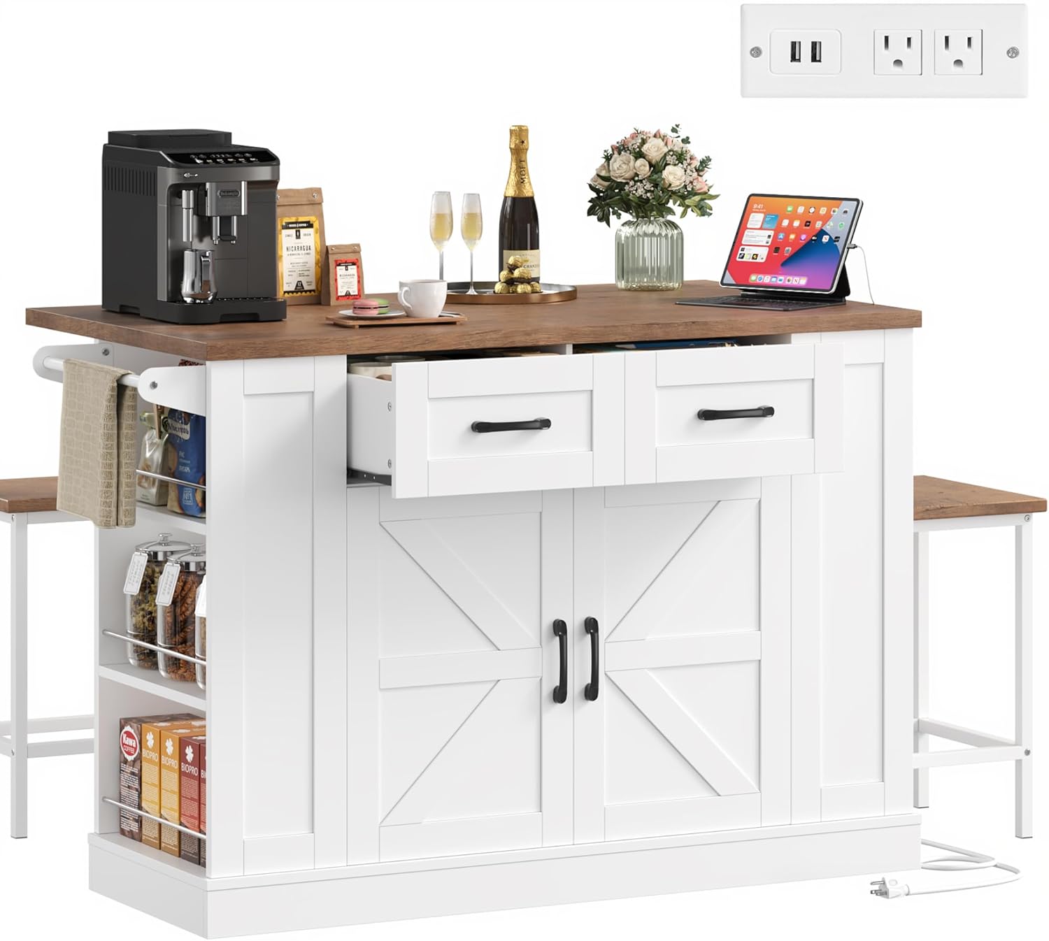 Keyluv Kitchen Storage Island with 2 Stools, 51.2” Mobile Kitchen Cart with Drop Leaf & Power Outlet, Rolling Island Table Dining Room Buffet with 2 Drawers & Side Storage Rack &Towel Rack, White