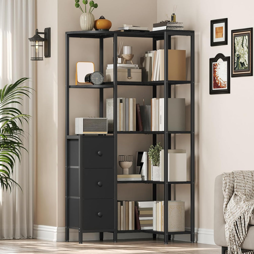YATINEY Corner Bookshelf, 5-Tier L-Shaped Bookcase with 3 Fabric Drawers, Storage Display Shelf, Freestanding Tall Open Shelf, for Living Room, Bedroom, Home Office, Black SJ12BB
