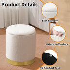 Joveco Boucle Round Ottoman with Storage,Vanity Stool with Storage for Bedroom, Ottoman Coffee Table,Small Boucle Foot Stool for Living Room, White with Gold Plating Base