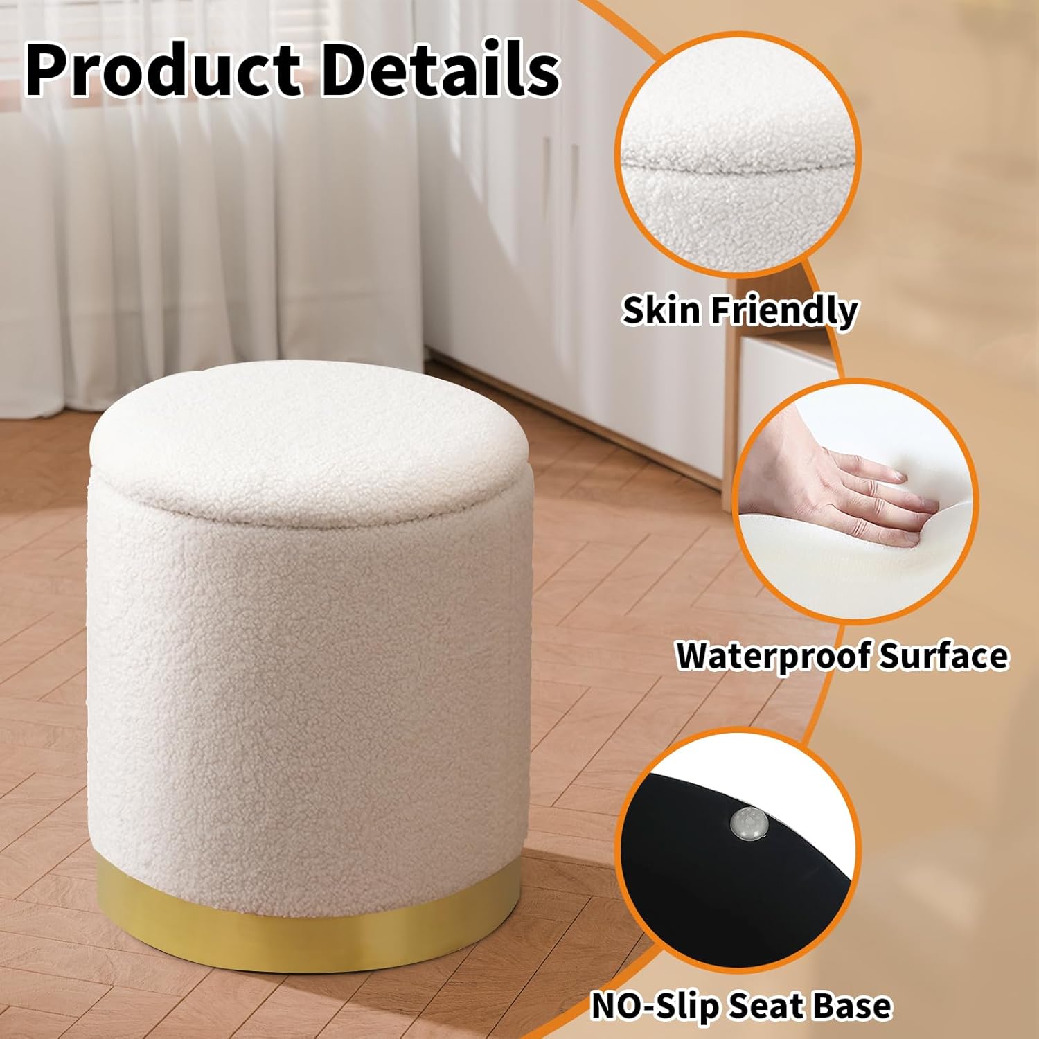 Joveco Boucle Round Ottoman with Storage,Vanity Stool with Storage for Bedroom, Ottoman Coffee Table,Small Boucle Foot Stool for Living Room, White with Gold Plating Base