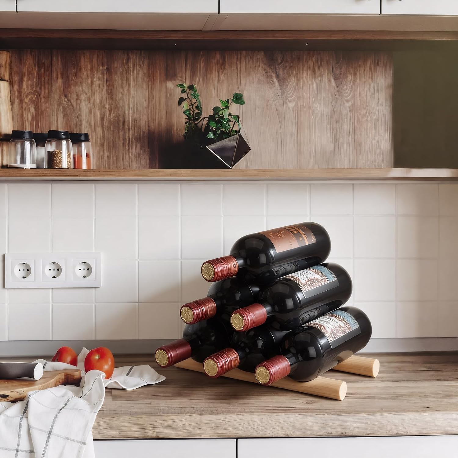 Barydat 4 Pcs Wood Wine Rack Compact Wine Bottle Holder Tabletop Vino Stand Display Rack Countertop Bottle Storage Shelf Organizer for Cabinet Kitchen Bar Pantry Basement Decor(3 Grooves,Classic)